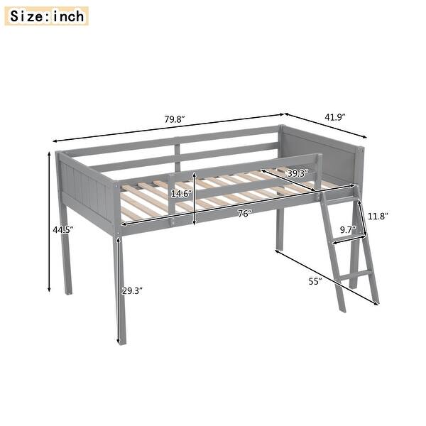 dimension image slide 1 of 4, Twin Size Wood Loft Bed with Flexible Ladder Placement, Guardrails, and Slide - Gray, Space-Saving Design for Play and Rest