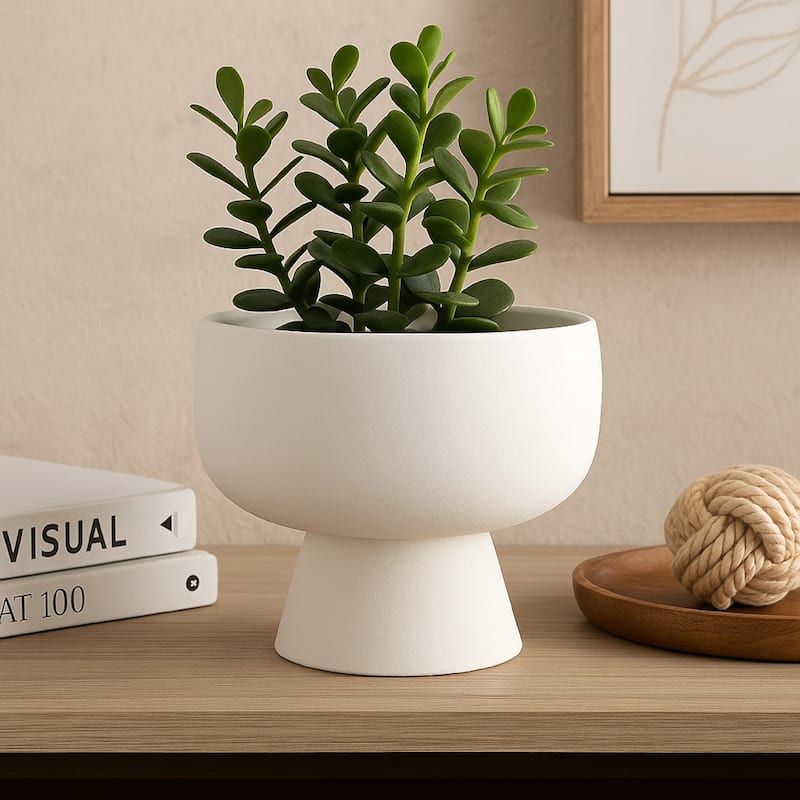 Accent Bowl Planter, Round Pedestal Base, Modern White Ceramic 12 Inch