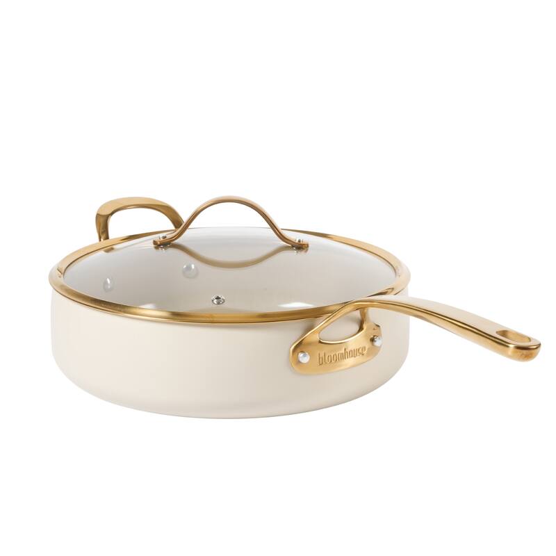 Bloomhouse 6 QT Heavy Duty Aluminum Premium PFA Free Ceramic Nonstick Frying Pan Skillet with Lid - Almond Cream