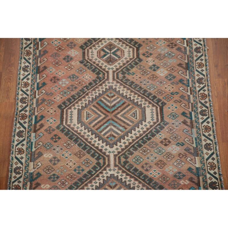 Hand Knotted Oriental 100% Wool Carpet Traditional Geometric Oranges & Rust Bakhtiari Runner Rug - 9' 10'' X 3' 6''