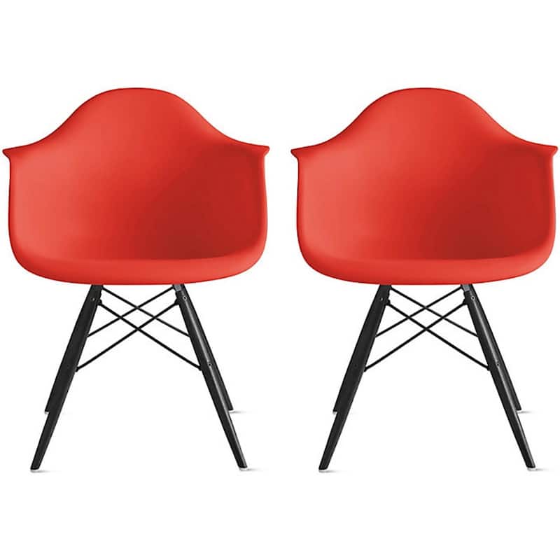 Set of 2 Color Modern Arm Chairs For Dining Room Kitchen Solid Molded Plastic Seat Dark Black Wood Eiffel Legs - OtherRed