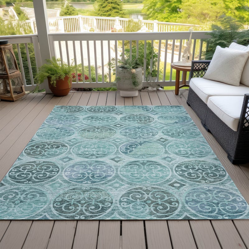 Machine Washable Indoor/ Outdoor Chantille Vintage Medallions Rug - Teal - 8' x 10'