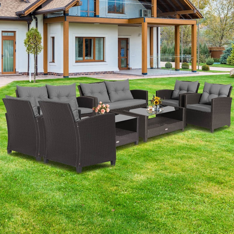 Costway 8 PCS Patio Rattan Furniture Set Glass Table Shelf Sofa - See Details - Grey