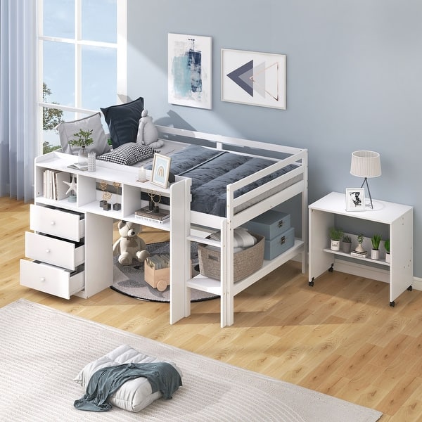 slide 2 of 29, Multi-Functional Low Loft Bed for Boys Girls White - Full
