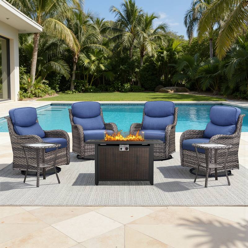 Meyreso 7-Piece Outdoor Patio Wicker Fire Pit 4 person Conversation Set with 5-Inch Thick Cushions