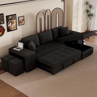 L-Shape Reversible Sectional Sofa with Storage Chaise and 2 Stools