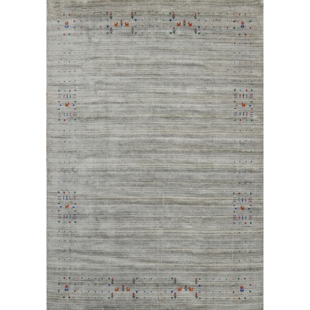 Hand Knotted Oriental 100% Wool Carpet Tribal Animal Pictorial Greys & Charcoal Gabbeh Area Rug - 9' 10'' X 7' 10''