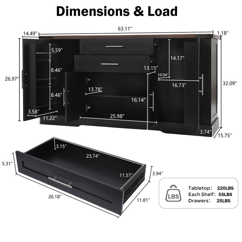 63 Inch Farmhouse Barn Door Storage Cabinet with 2 Drawers, Door Rack & Adjustable Shelves