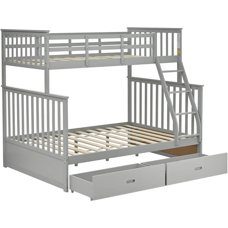 Space-Saving Twin Over Full Bunk Bed with Storage Drawers and Safety Rails