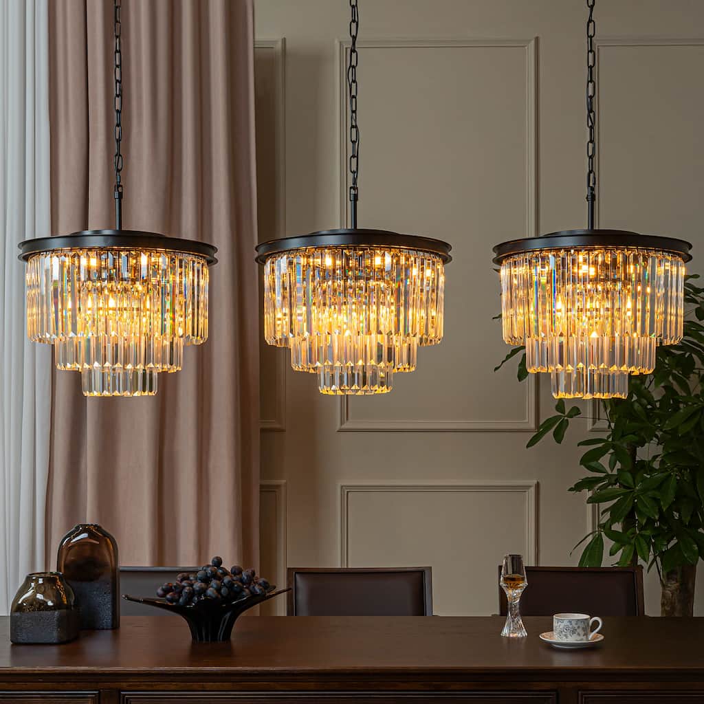 6-Lights Modern 3-Tier Round Fringe Crystal Chandelier - W 20"