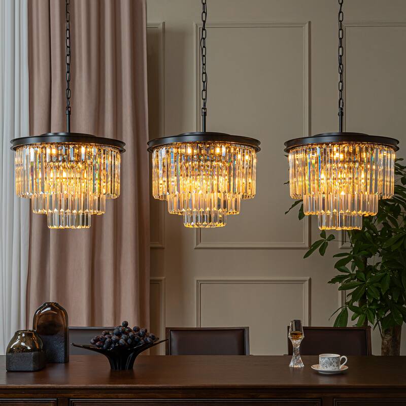 6-Lights Modern 3-Tier Round Fringe Crystal Chandelier - W 20"