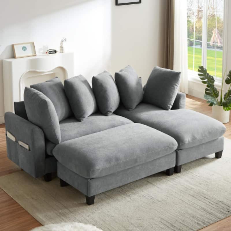 Luxurious L-Shaped Sectional Sofa with Hidden Storage, Movable Ottoman & Throw Pillows - Grey