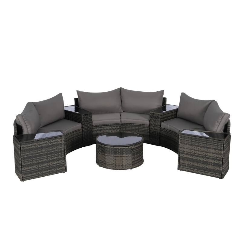 11-Piece Outdoor Half-Round Modular Sectional Sofa Set with Tempered Glass Coffee Table and 4 Side Table