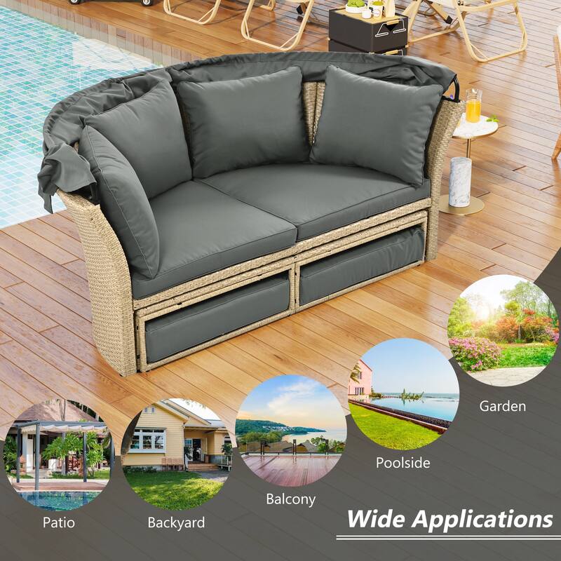 Outdoor Patio Daybed, Outdoor Furniture Set with Retractable Canopy, Patio Wicker Rattan Round Sofa with 4 Pillows
