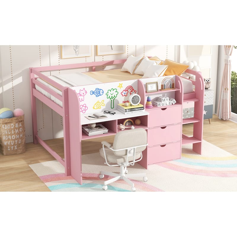 Full Size Low Loft Bed with Desk,Storage Cabinets,Open Bookcase & Whiteboard,Space-Saving Design for Kids,No Box Spring Needed