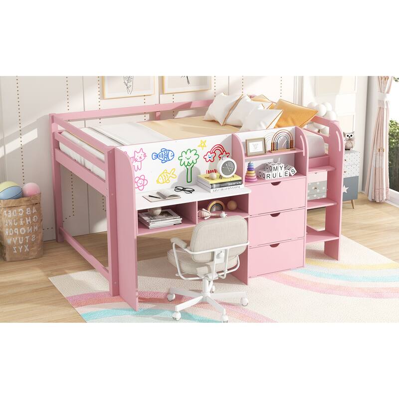 Full Size Low Loft Bed with Storage, Desk, Bookcase, and Graffiti Whiteboard for Kids