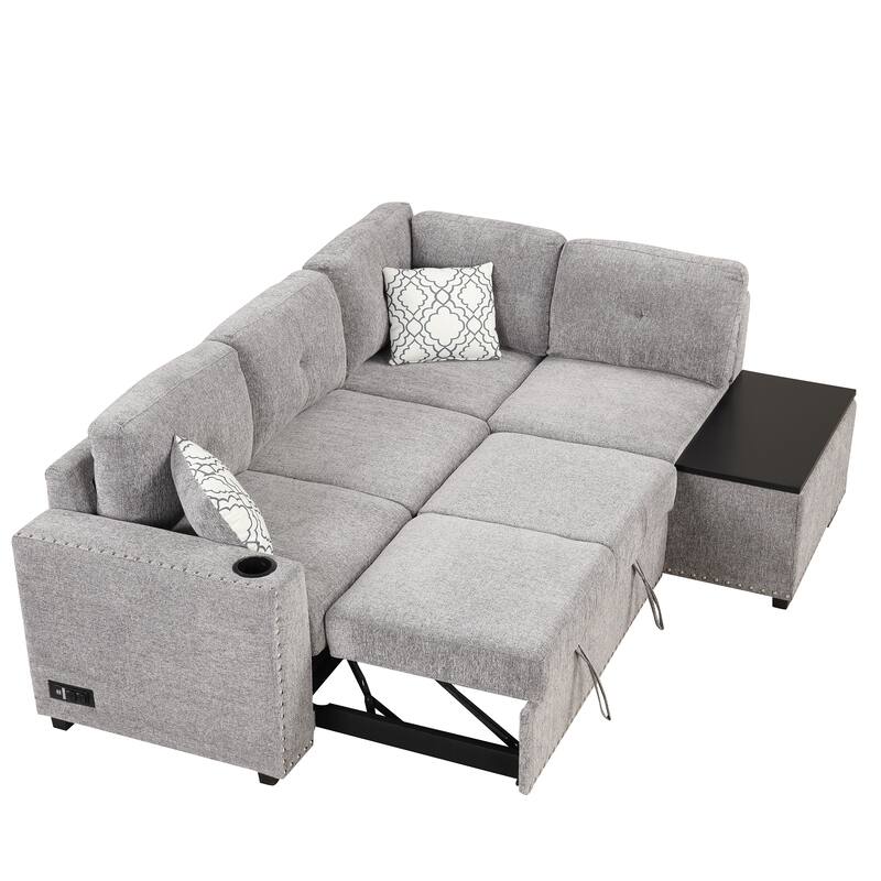 83.8" L-Shaped 4-Seat Sofa with Pull-Out Bed & Storage
