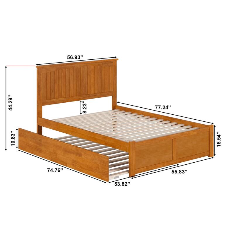 Solid Wood Platform Bed with Footboard & Trundle - Full Size Bed Frame, Light Toffee Finish