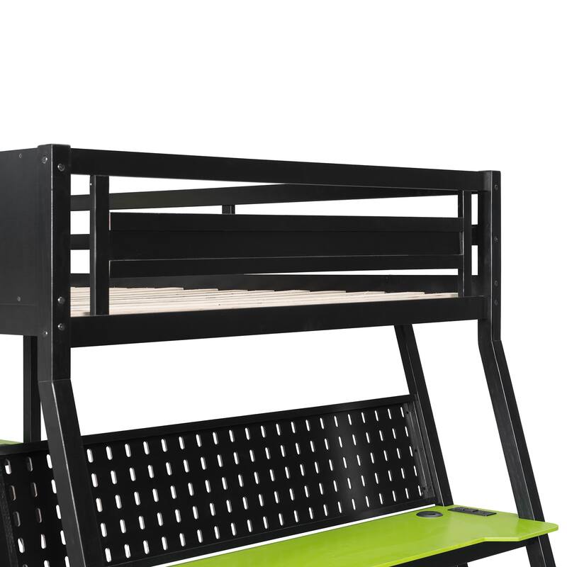 Gaming Bunk Bed Two Built-In Gaming Desks Each Side Loft Bed with USB Desktop Ports and Pegboard Organizer for Gaming Room Gamer
