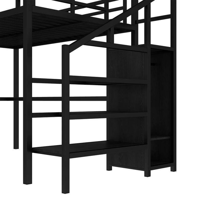 Roomfitters Full Metal Loft Bed with L-Shaped Desk, USB Port, Wardrobe, Adjustable Shelf & Lighting, Black