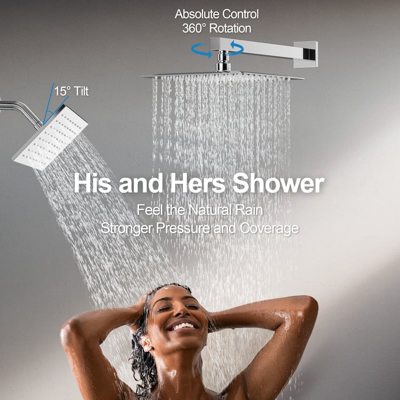 GRANDJOY 3-Function Thermostatic Shower System 12'' Rainfall Shower Head with Anti-Scald Valve