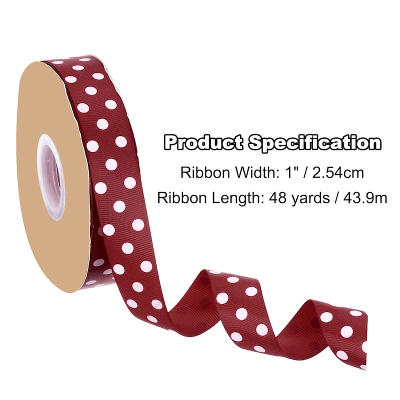 Polka Dot Craft Grosgrain Ribbon, 1 Inch x 48 Yard Grosgrain Ribbon Roll, Wired Edge Ribbon - Burgundy