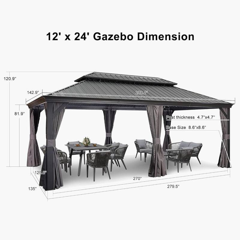 PURPLE LEAF Outdoor Galvanized Steel Hardtop Gazebo, Aluminum Frame Gazebo With Curtains