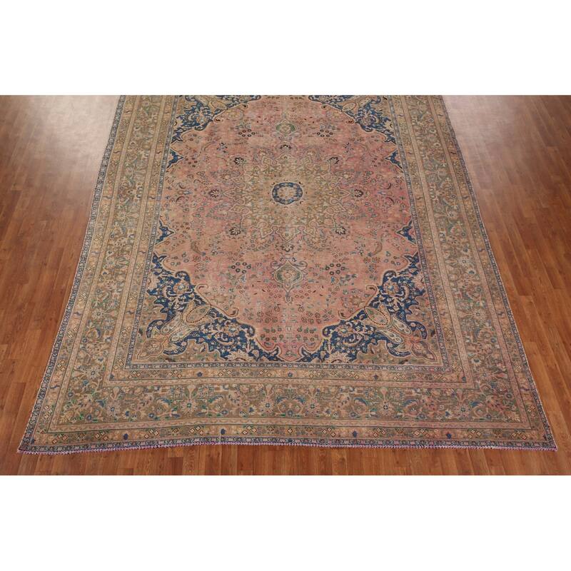 Distressed Mashad Persian Vintage Area Rug Hand-Knotted Wool Carpet - 9'7" x 12'7"