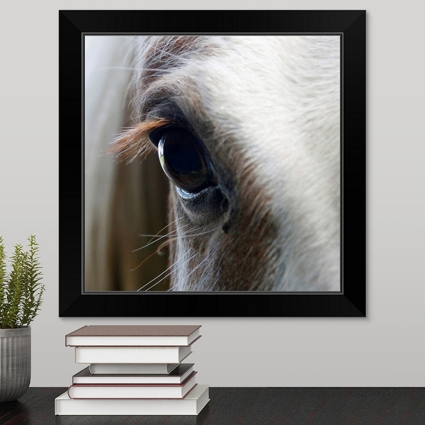 "Close up of White horse eye" Black Framed Print