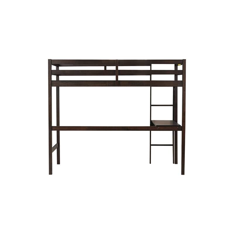 Twin High Loft Bed, Rubber Wood Loft Bed with Safety Guardrail built-in desk, ladder, Espresso