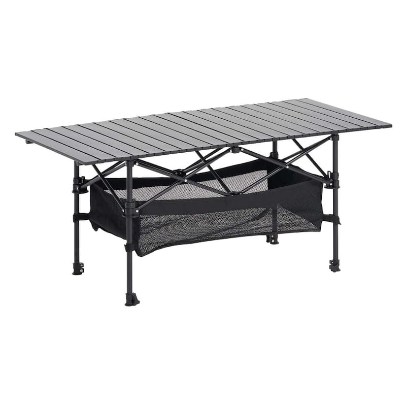 47.2” Black Aluminum Alloy Foldable Adjustable Height Outdoor Camping Table for Picnic 4-6 People
