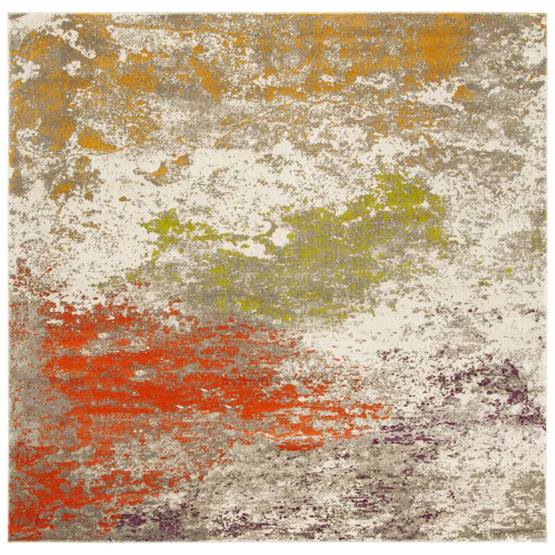SAFAVIEH Porcello Mareile Watercolor Modern Rug - 6'7" Square - Grey/Orange