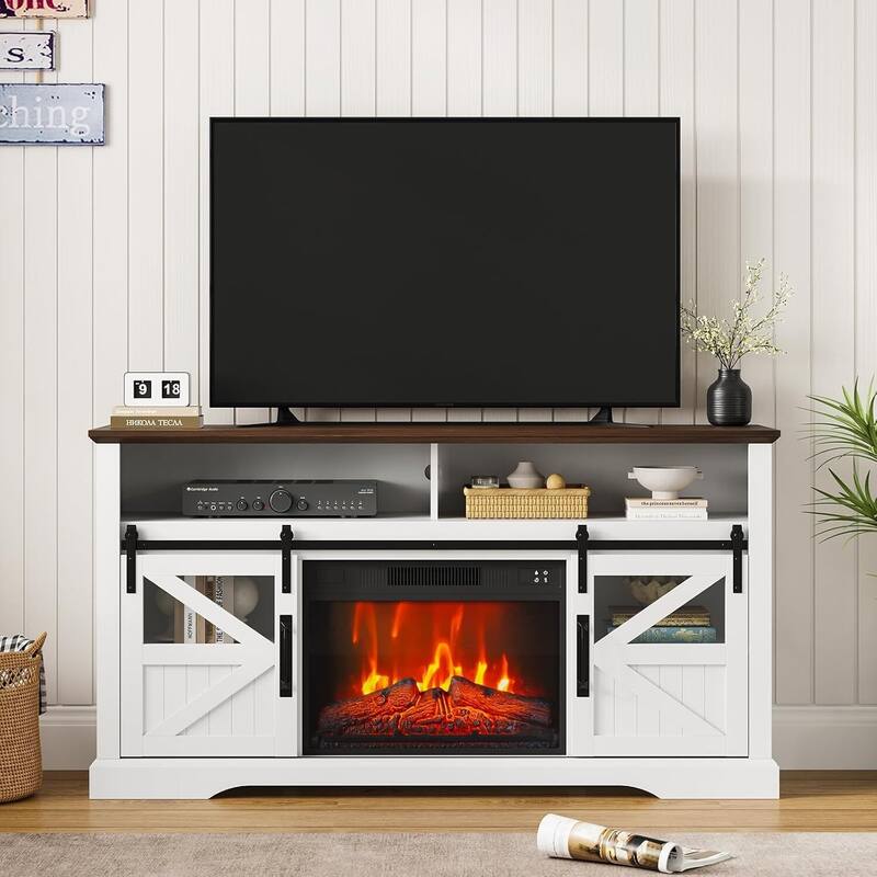 Farmhouse Electric Fireplace TV Stand Entertainment Center for Living Room, White - White