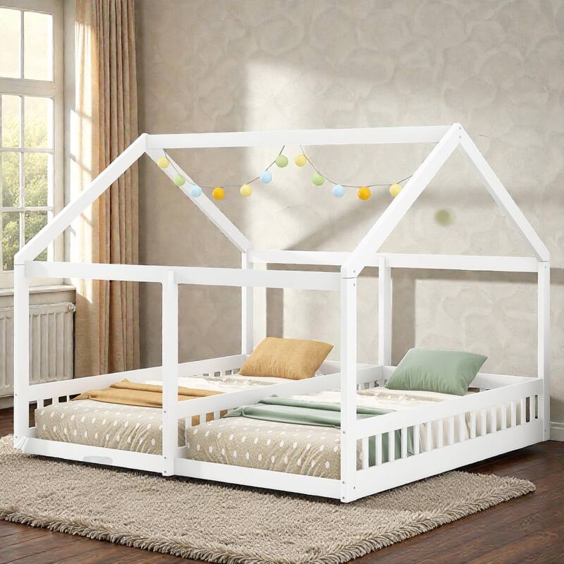 Twin House Platform Bed with Two Shared Beds, Side by Side Kids Bed with Guardrails, No Box Spring