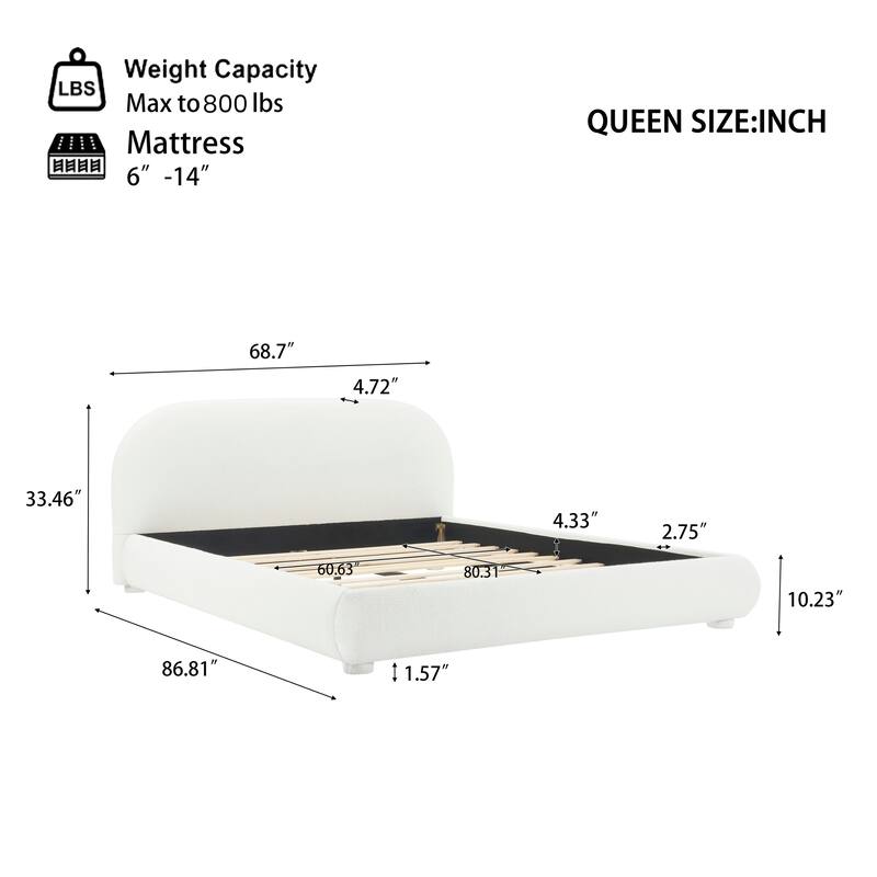 Boucle Bed Frame, Upholstered Cloud Platform Bed with Headboard, Anti-Collision Soft Rounded Corners, No Box Spring Required