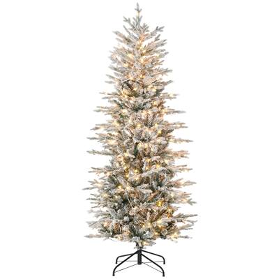 6ft Snow Flocked Artificial Christmas Tree, Prelit with Warm Yellow Clear Lights, Realistic Holiday Décor