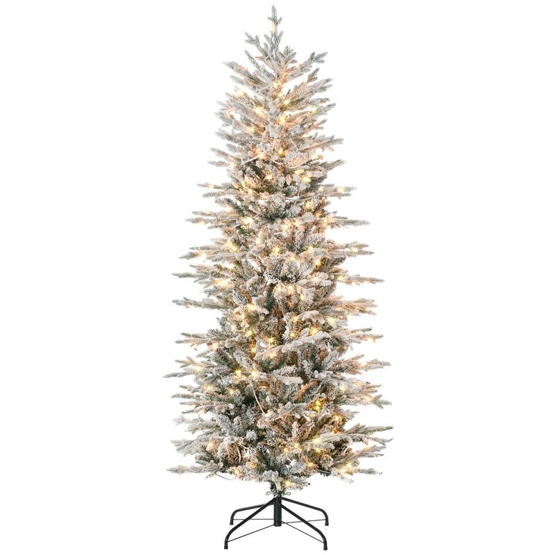 HOMCOM Pre-Lit Artificial Christmas Tree - Snow Flocked Branches, Warm Yellow Lights, Auto Open, Extra Bulb - Green