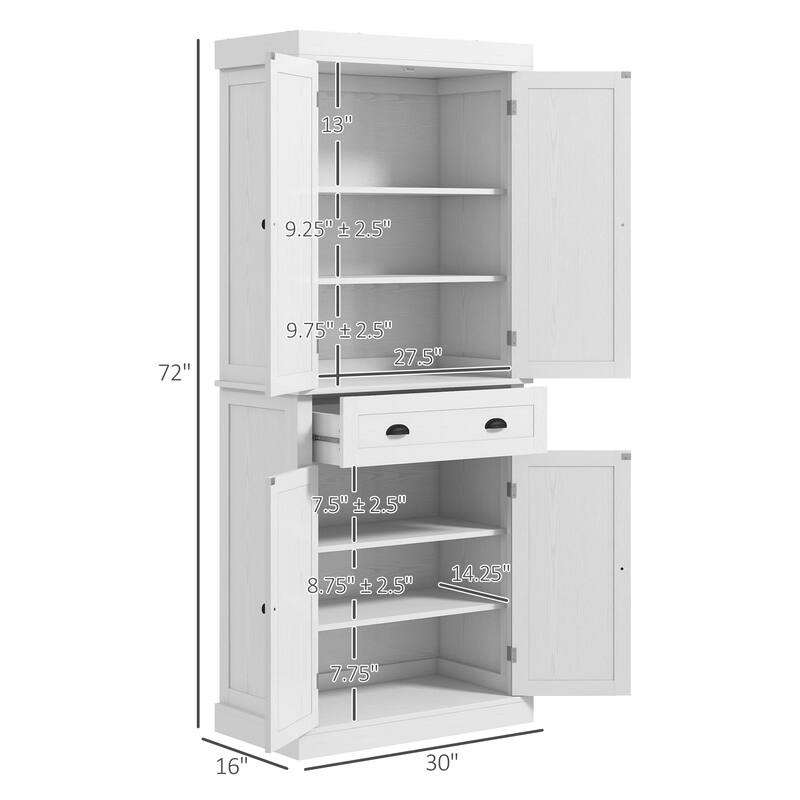 72.5" Kitchen Pantry Cabinet, Traditional Freestanding Storage Cabinet with 4 Doors, Drawer and 3 Adjustable Shelves