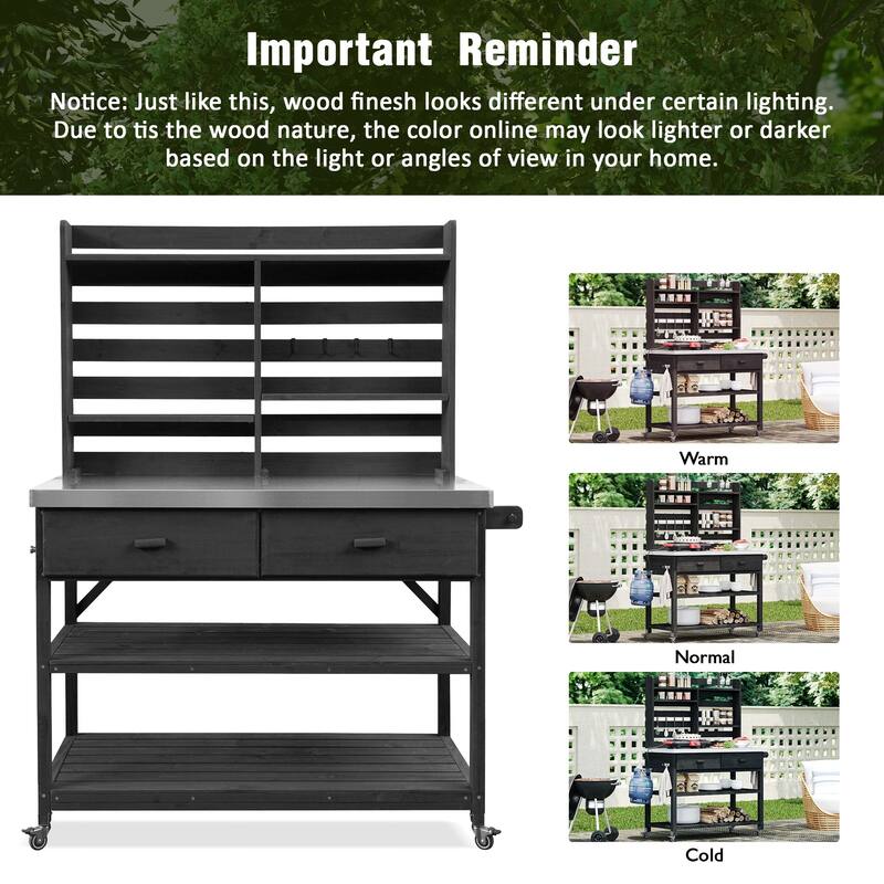 64.9"H Outdoor Potting Table with Lockable Wheels,Solid Wood Kitchen Island with Upper Hutch,Stainless Steel Top,Towel Rack