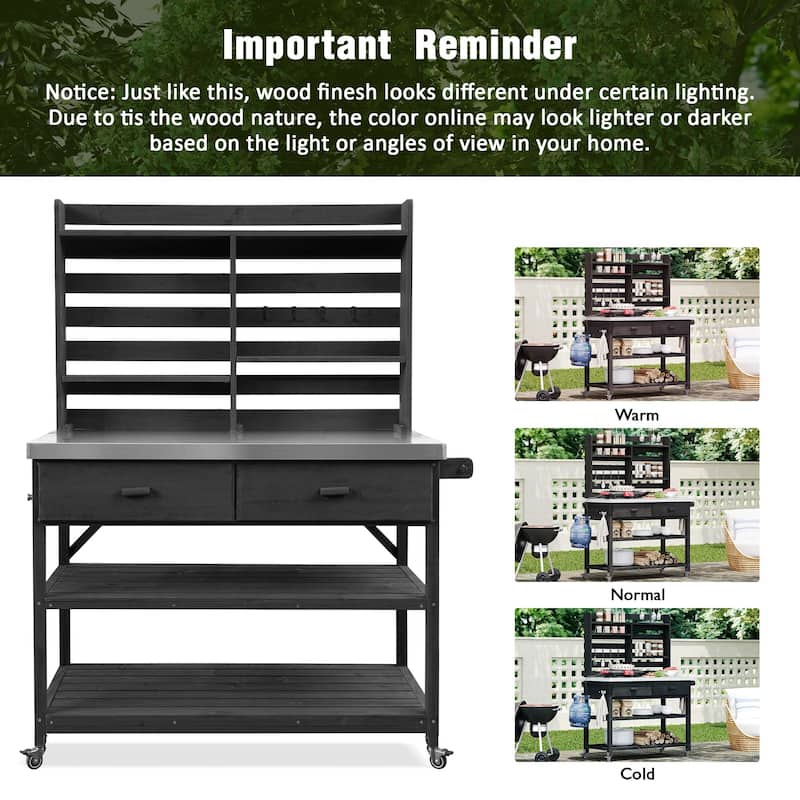 Outdoor Potting Bench Table with Lockable Wheels Solid Wood Kitchen Island and Stainless Steel Top