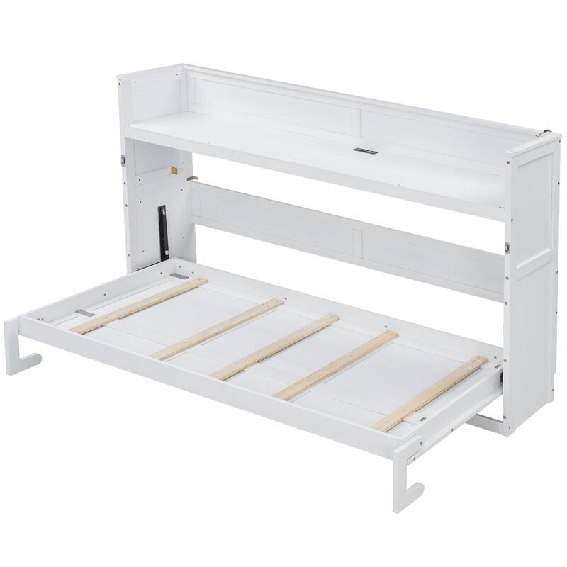 GDFStudio - Solid Wood Twin XL Murphy Bed with Desk, LED Light, USB Charging and Storage