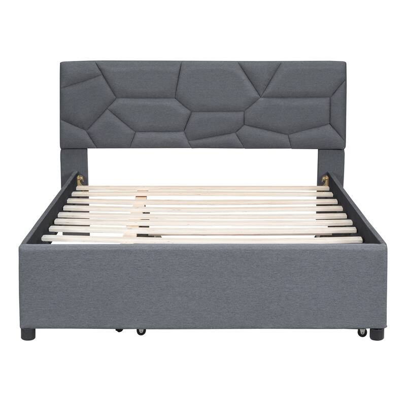 Full Size Upholstered Platform Bed with Brick Pattern Headboard and Twin Trundle, Linen Fabric, Gray