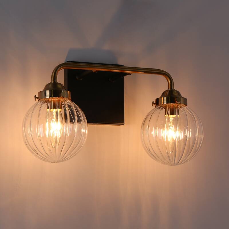 Modern 2-Light Black Gold Bathroom Vanity Light Ribbed Glass Wall Sconce