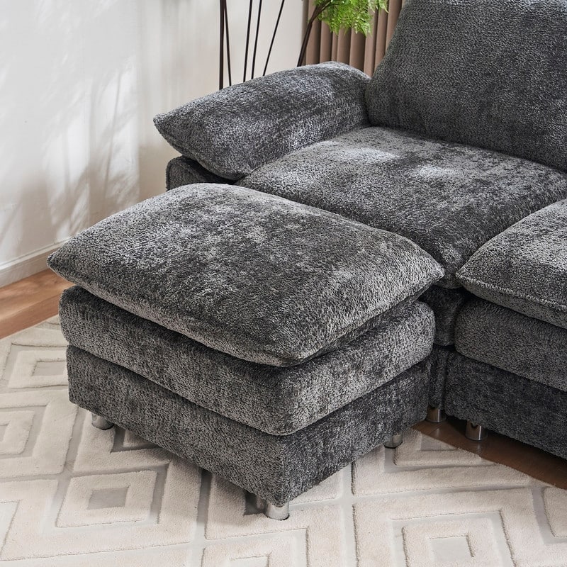 Modern Upholstered Living Room L Shaped Sofa,Comfy Sofa Couch with Ottoman and Pillow Arms