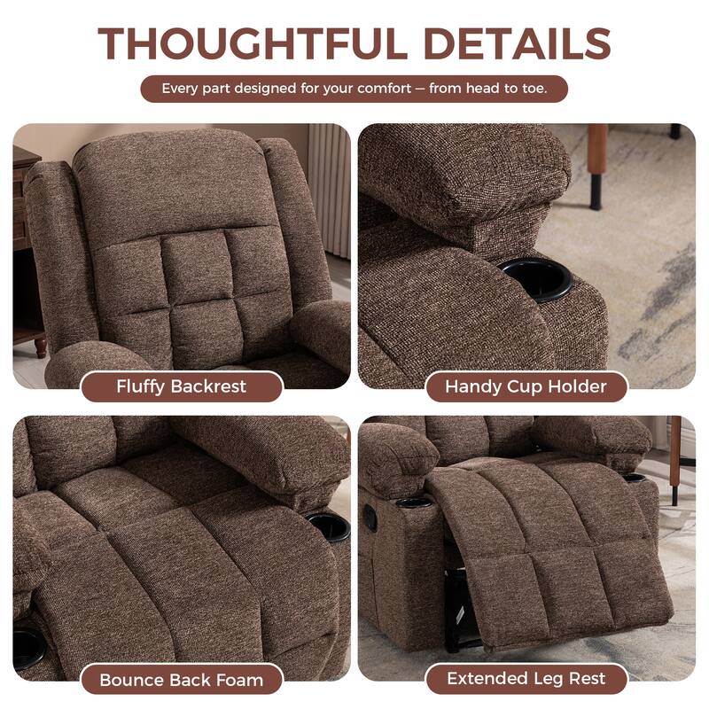 Ebello Manual Recliner Chair with Massage and Heat, Fabric Recliner with Cup Holders & Storage Pockets, Lounger for Living Room