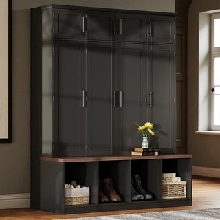 Black Hall Tree With Wood Grain Bench - 4-in-1 Entryway Organizer With 2 Drawers & 6 Hooks