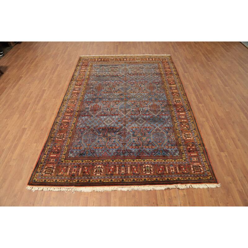 Hand Knotted Oriental 100% Wool Carpet Traditional Geometric Navy Blue & Blues Tabriz Area Rug - 10' 9'' X 7' 3''