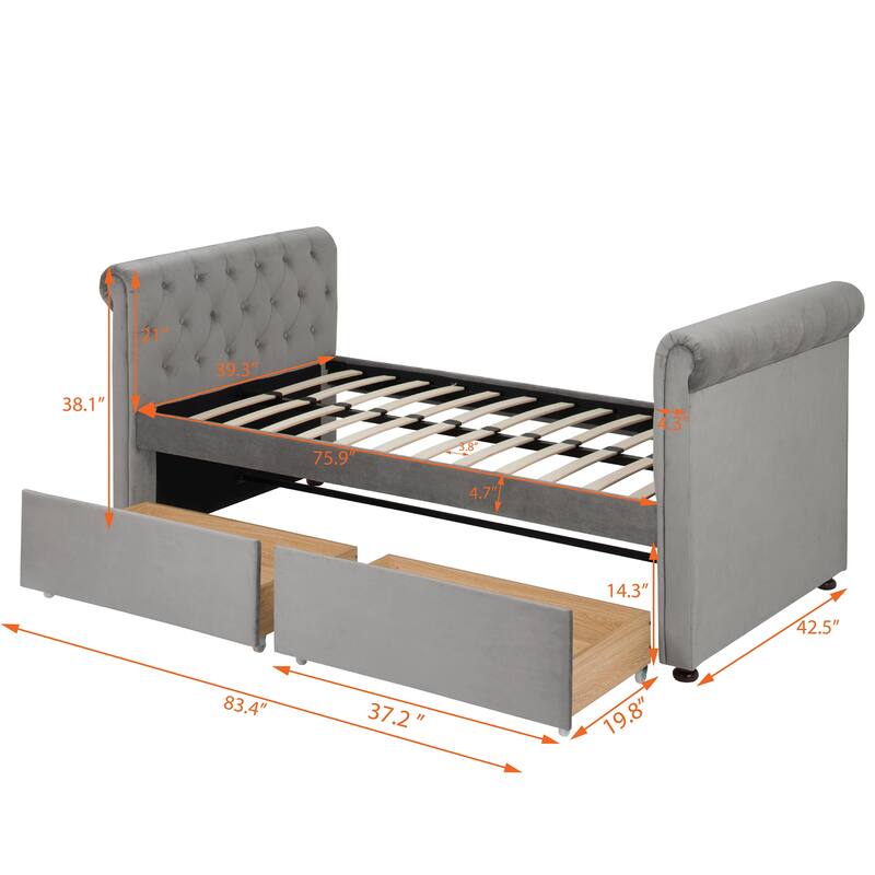 Twin Size Upholstered Daybed with Drawers, Wood Slat Support, No Box Spring Needed