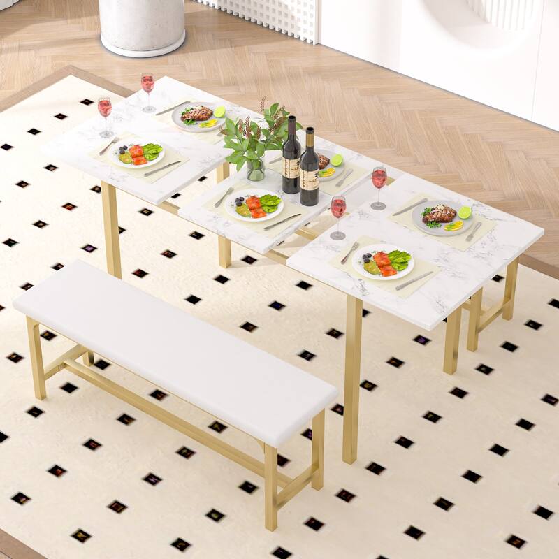 VECELO 3-Piece Dining Table Set with 2 Benches, 63" Extendable Kitchen Table & Chairs Set for 4-8, Dining Room Table