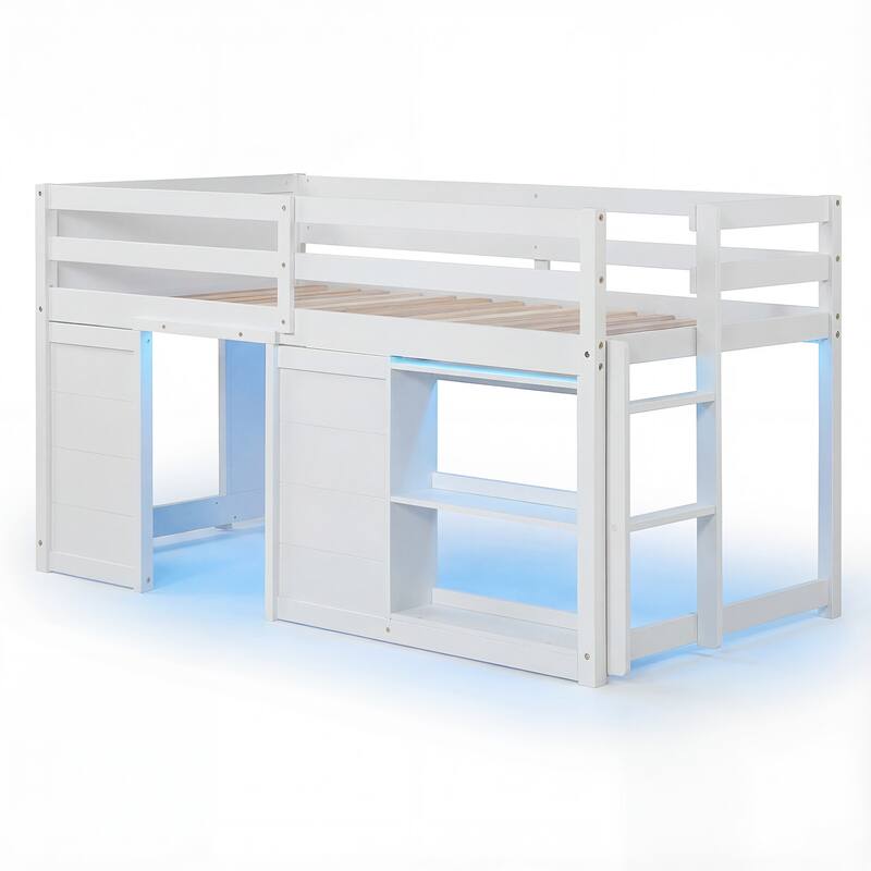 Gymax Twin Size Loft Bed w/ LED Lights 2 Doors Underbed Space & - White